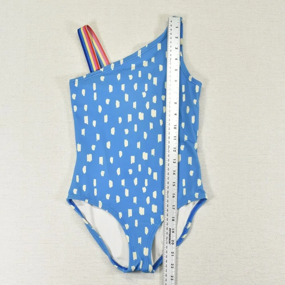 Hanna Andersson Girls Size 8 One Piece Swimsuit Blue Dot Rainbow Stripe Strap